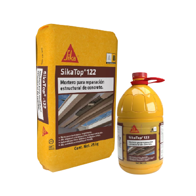 Saco de 25 kg y garrafa de SikaTop-122, mortero para reparación estructural de concreto de Sika