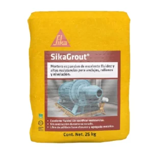 Saco de 25 kg de mortero expansivo SikaGrout con imagen de maquinaria industrial en su etiqueta frontal