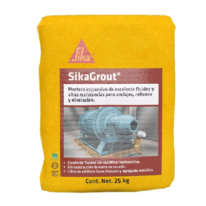 Saco de 25 kg de mortero expansivo SikaGrout con imagen de maquinaria industrial en su etiqueta frontal