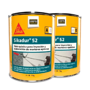 Dos botes de resina epóxica Sikadur 52 de 1 kg con etiquetas amarillas y logotipos de Constru Store MX
