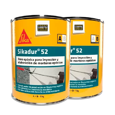 Dos botes de resina epóxica Sikadur 52 de 1 kg con etiquetas amarillas y logotipos de Constru Store MX