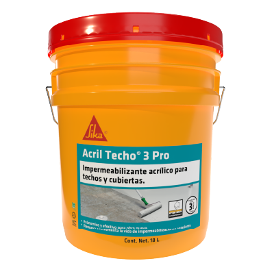 Cubeta de 18 litros de impermeabilizante acrílico Sika Acril Techo 3 Pro de color naranja con tapa roja