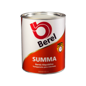 Bote de barniz alquidálico transparente Berel Summa para interiores con etiqueta roja y blanca