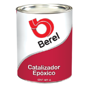 Bote de metal de 4 litros de Catalizador Epóxico marca Berel con etiqueta blanca y roja