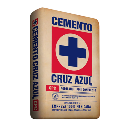 Bulto de cemento Cruz Azul de 50 kg con empaque de papel kraft y logotipo distintivo de la marca