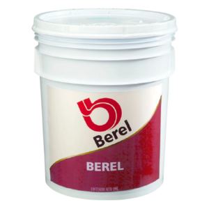Cubeta de 19 litros de esmalte epóxico Berel con etiqueta blanca y roja sobre fondo negro