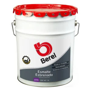 Cubeta de 19 litros de Esmalte Estirenado Berel color blanco con tapa roja y asa metálica