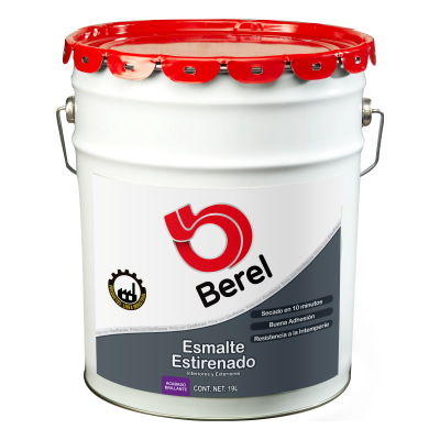 Cubeta de 19 litros de Esmalte Estirenado Berel color blanco con tapa roja y asa metálica