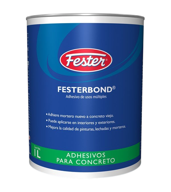 Envase de un litro de adhesivo Festerbond para concreto con etiqueta azul y detalles en verde