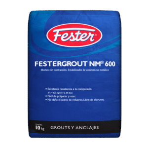 Saco de 10 kg de mortero sin contracción Festergrout NM 600 de color azul con letras blancas y logo de Fester