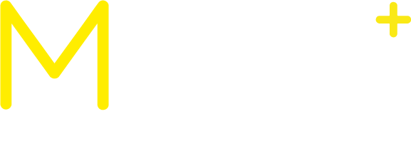 Logotipo de MAD+ con letras y símbolo en color amarillo sobre fondo blanco