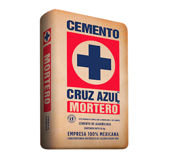 Saco de 50 kg de mortero Cruz Azul con logotipo de cruz azul sobre fondo rojo y texto informativo de la marca