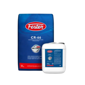 Saco de mortero Fester CR-66 de 25 kg junto a un envase de 10 kg de componente líquido para impermeabilización