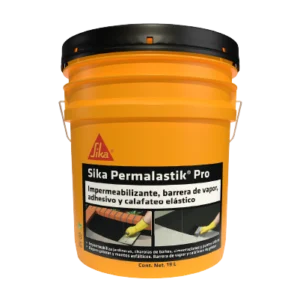 Cubeta de 19 litros de Sika Permalastik Pro, impermeabilizante elástico de color naranja con tapa negra