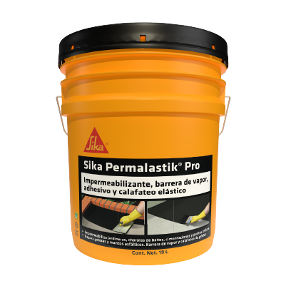 Cubeta de 19 litros de Sika Permalastik Pro, impermeabilizante elástico de color naranja con tapa negra