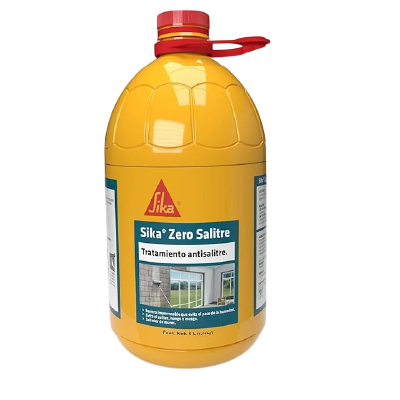 Envase plástico amarillo de Sika Zero Salitre de 5 litros con tapa roja para tratamiento contra la humedad