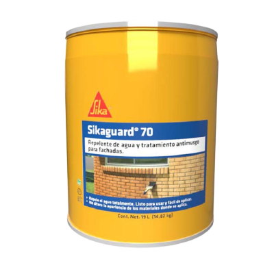Cubeta amarilla de 19 litros de Sikaguard 70, repelente de agua y tratamiento antimusgo para fachadas de ladrillo