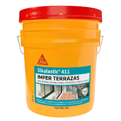 Cubeta de 19 litros de impermeabilizante Sikalastic 411 para terrazas con tapa roja y etiqueta informativa