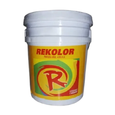 Cubeta de pintura vinil acrílica Rekolor de 19 litros con etiqueta amarilla y logo rojo
