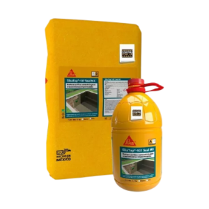 Saco y garrafa de SikaTop Seal-107 gris, mortero cementoso para impermeabilización de estructuras