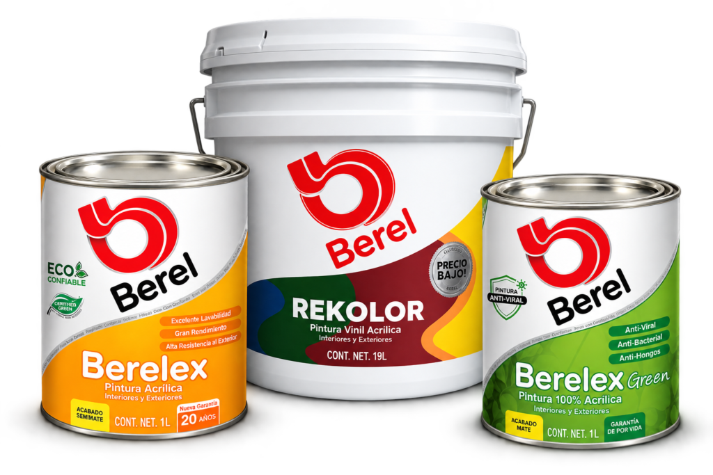 Tres botes de pintura Berel de diferentes tamaños y presentaciones: Berelex, Rekolor y Berelex Green sobre fondo negro