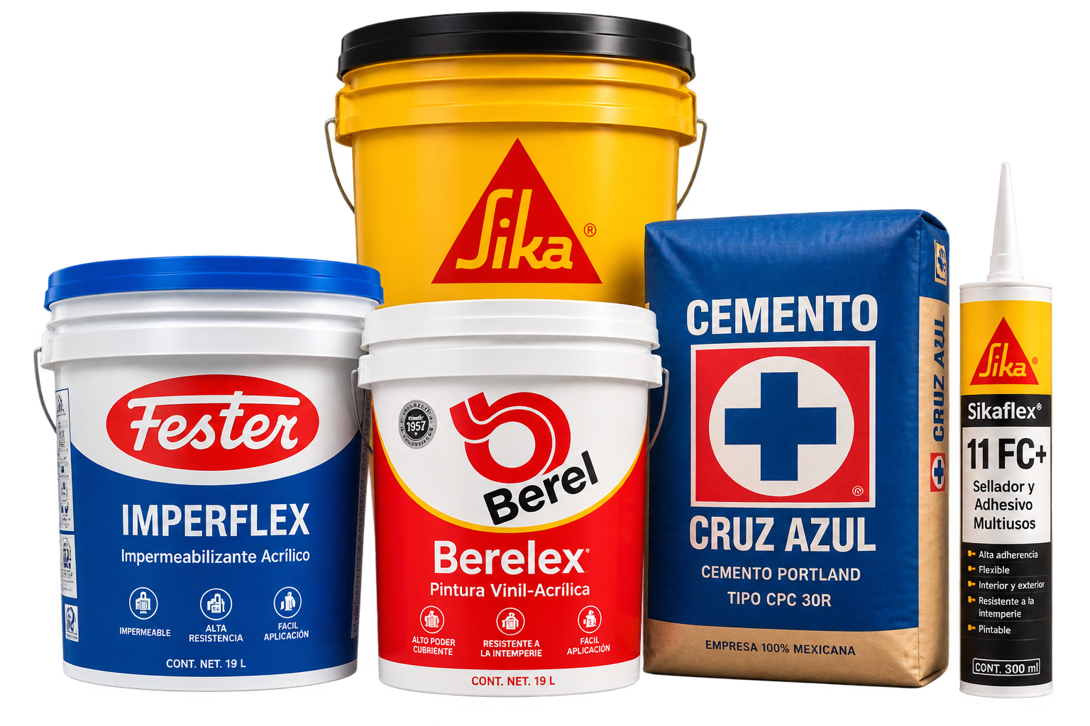 Envase de impermeabilizante Fester, cubeta Sika, pintura Berel, bulto de cemento Cruz Azul y sellador Sikaflex 11 FC+