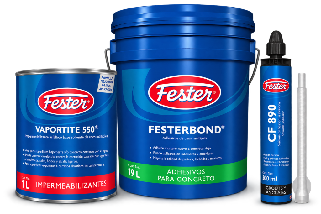 Tres productos Fester: lata de Vaportite 550, cubeta de Festerbond y cartucho de sellador CF 890 para construcción