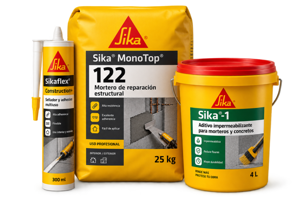 Productos Sika: sellador Sikaflex, mortero MonoTop 122 y aditivo impermeabilizante Sika-1 sobre fondo negro