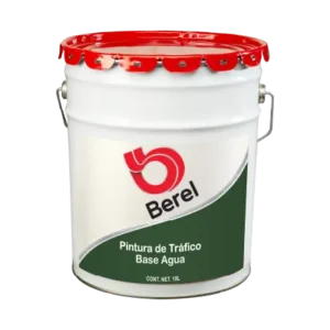 Cubeta de 19 litros de pintura de tráfico base agua marca Berel con tapa roja y etiqueta informativa